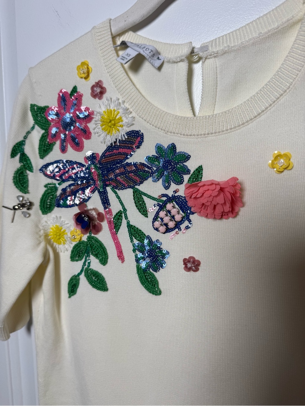 RSVP by Talbots XS Ivory Embellished Dragonfly Sweater Top